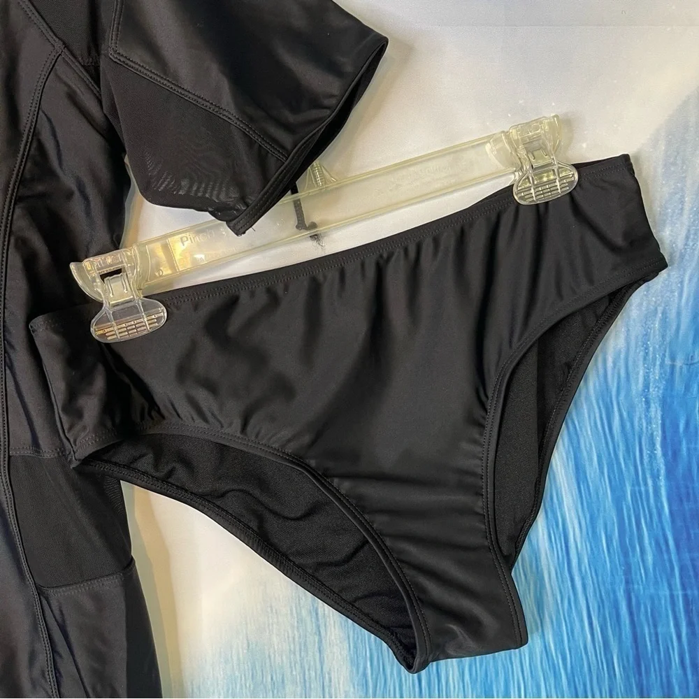 Two Piece Black Mesh Long Sleeve Zip Front Surf Rashguard Swimsuit  Black Large